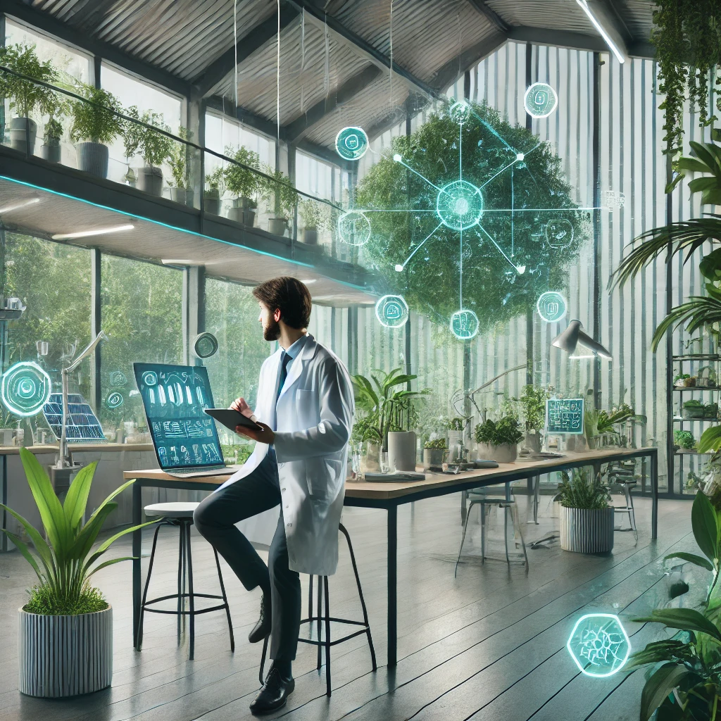 A Green Tech Creator working in a modern, eco-friendly lab. The person is innovating sustainable technology, surrounded by green plants, solar panels,